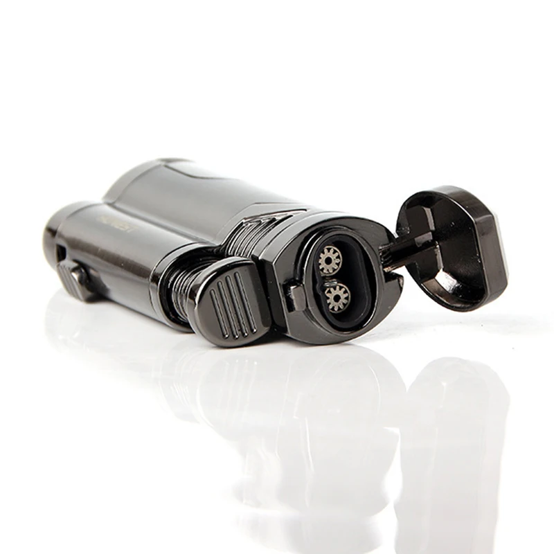 Честная двойная металлическая зажигалка прямого удара. Два струйных пламени.