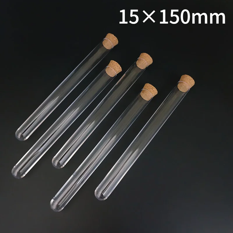

200pcs/lot 15x150mm Lab Clear Plastic Test Tube With Cork Cap Stopper Round Bottom Laboratory Or Wedding favours Spice Tube