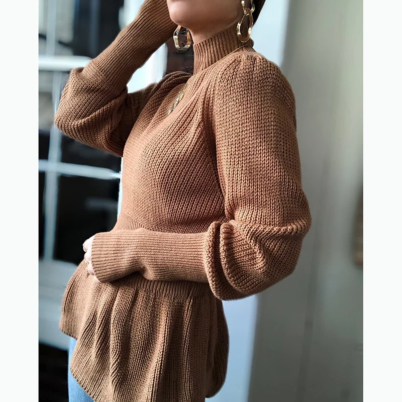 

Женская с высоким воротом и длинными рукавами трикотажные топы Большие женские сумки через плечо Цвет Модный облегающий пуловер верхняя од...