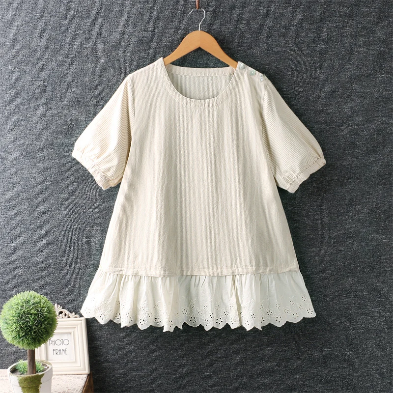 

Summer new Japan style sweet Striped patchwork Pullover Top short sleeve loose casual shirt