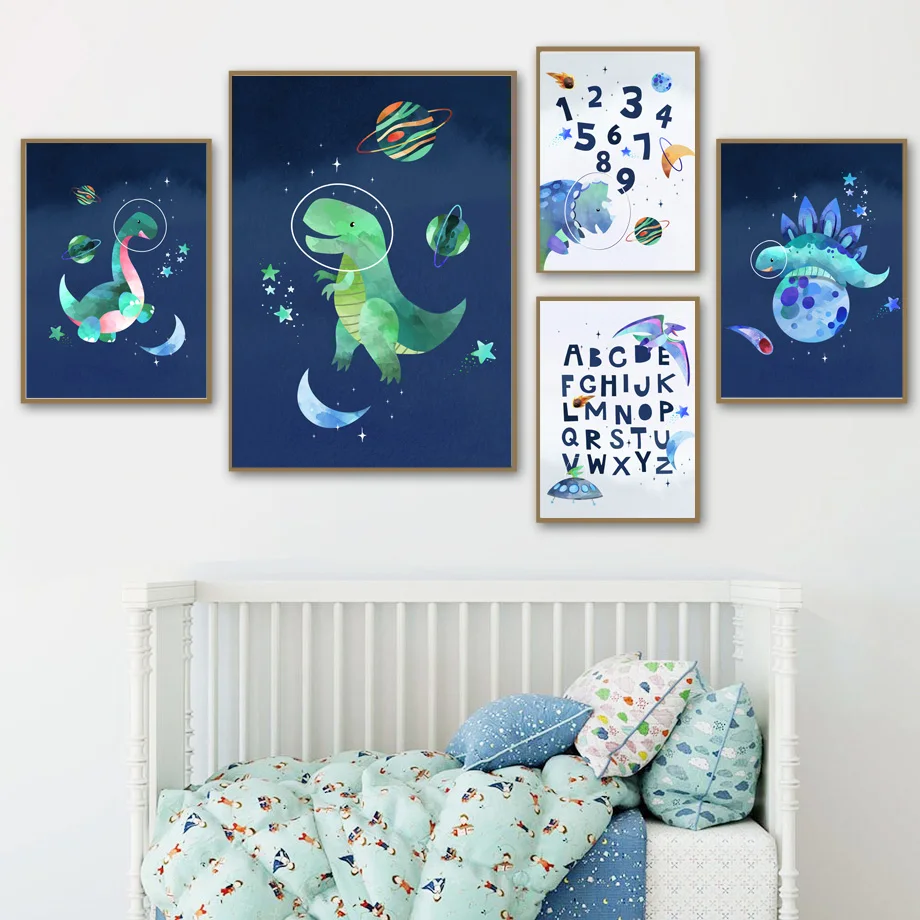 

Dinosaur Space Planet Alphabet Nursery Wall Art Canvas Painting Nordic Posters And Prints Wall Pictures Baby Room study Decor