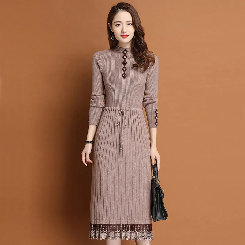 Элегантное женское вязаное платье зимние плотные кружевные платья с длинным