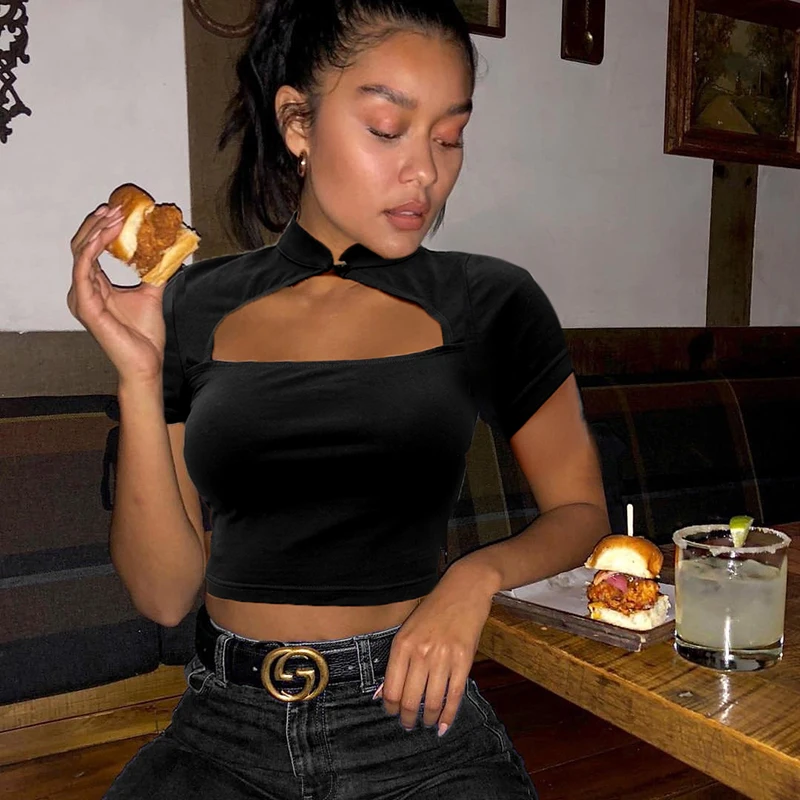 Повседневные Черные женские футболки в китайском стиле Харадзюку короткий рукав