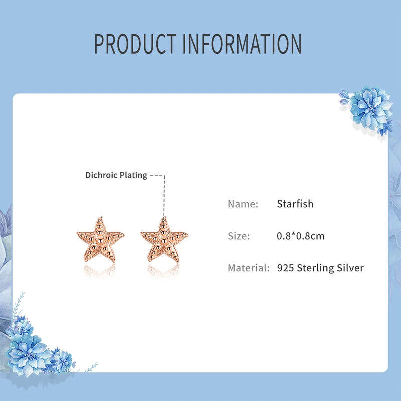 

New Original 100% 925 Sterling Silver Earrings For Women Rose Gold Color Starfish Stud Earring Small Earing Women Fine Jewelry