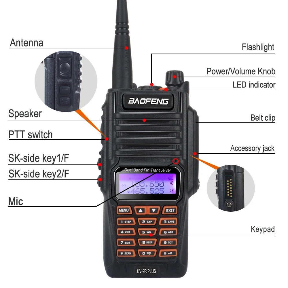 baofeng uv 9r plus ham radio waterproof ip67 dual band vhf uhf fm 8w 128ch walkie talkie uv 9r plus with handsfree free global shipping