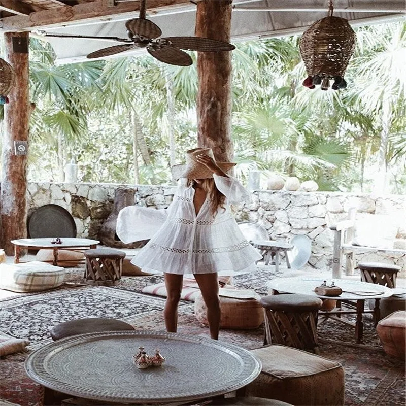 

2021 New Fashion Women Sexy Dress Hollow Out Beach Holiday Dress National Style Trumpet Sleeve Clothes Drop Shipping YS82