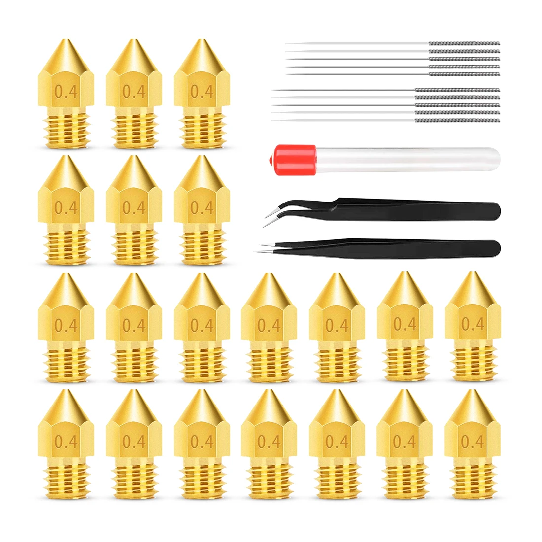 0.4MM MK8 Nozzles, 20PCS 3D Printer Extruders Brass Nozzles with 10 Stainless Steel Cleanning Needles for Ender 2/3/5