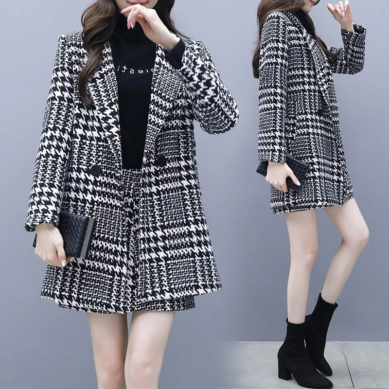 

Autumn New European and American Fashion Houndstooth Long Woolen Coat Bag Hip Skirt Overskirt Suit Women's Clothing Office Lady