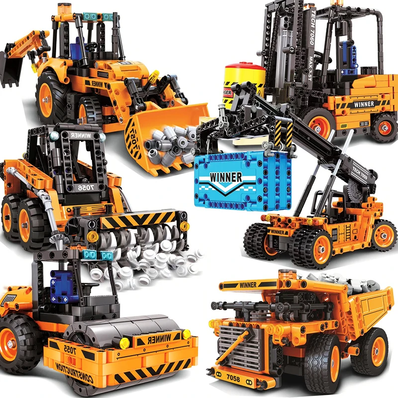 

Erbo City Engineering Vehicle For Technical Car Forklift Road Roller Crane Truck Mechanical Building Blocks Toys For Children