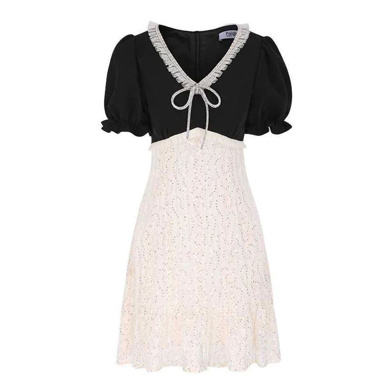 

PERHAPS U V Neck Short Sleeve Mini Dress Elegant Summer Women Female Black Beige Puff Sleeve A-line D1996