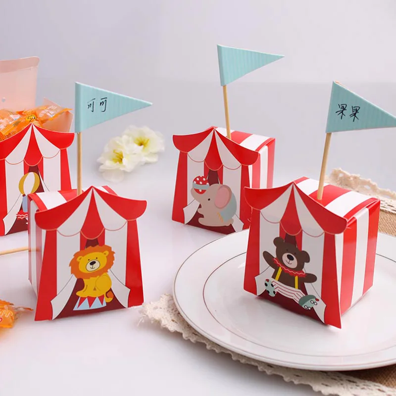 

Red Circus Animals Design Favor Cartoon Candy Box for Baby Shower Baptism Party Candy Guest Gift Present Sweet Packaging Boxes