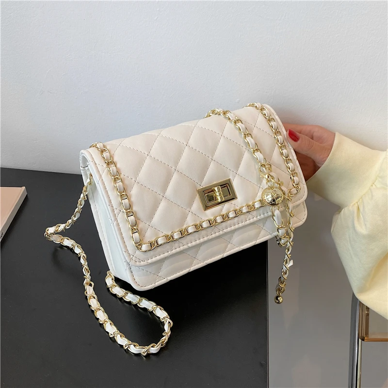 

Burminsa Spring Quilted Chain Rimmed Crossbody Bags For Women Brand Designer Flap Twist Lock Small Female Shoulder Bags New 2021