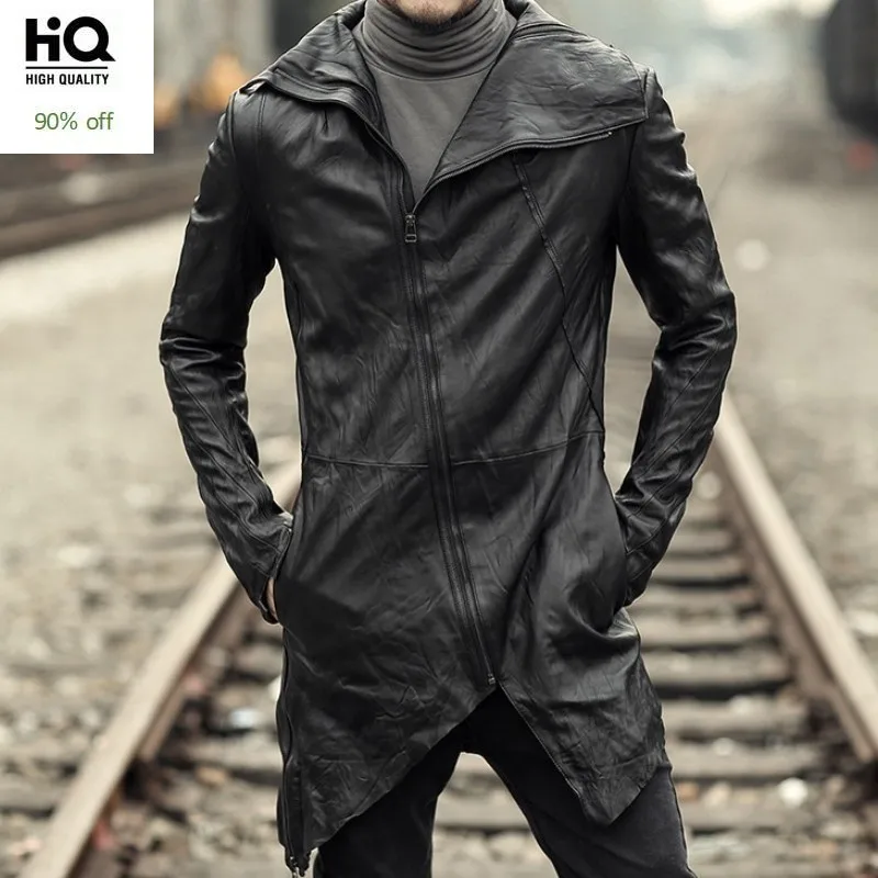Английский стиль мужская длинная куртка из натуральной кожи уличная байкерская