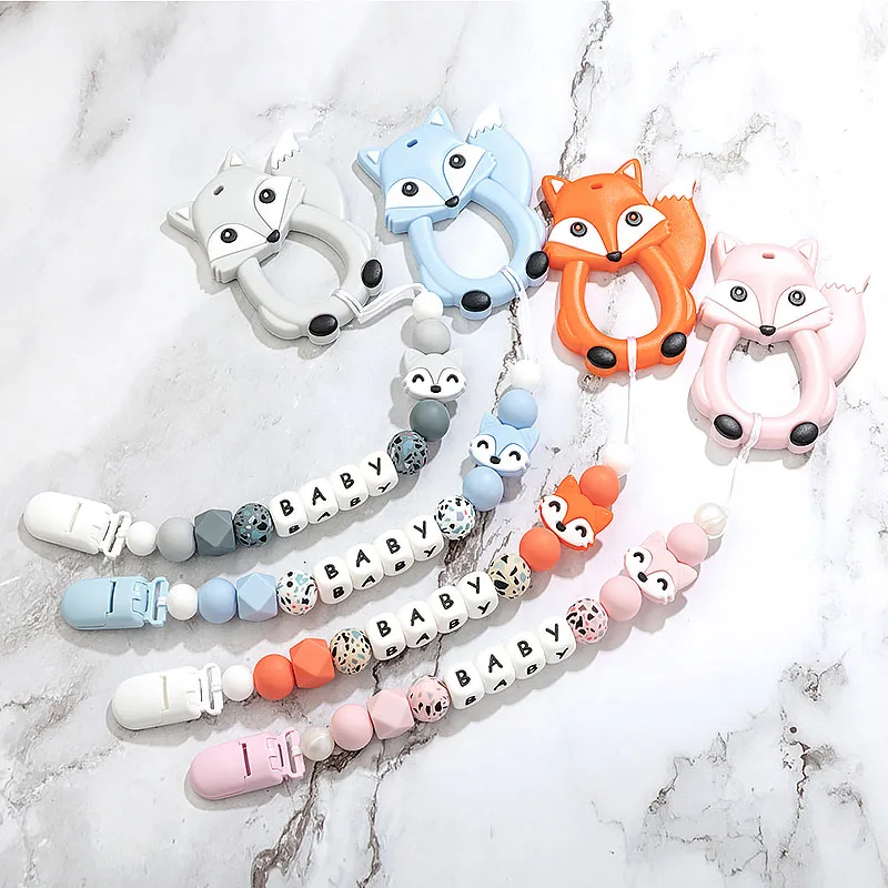 

TYRY.HU Personalized Leopard Silicone Beads Fox Pacifier Chain Baby Teething DIY Nursing Pacifier Clips Holder Baby Shower Gift