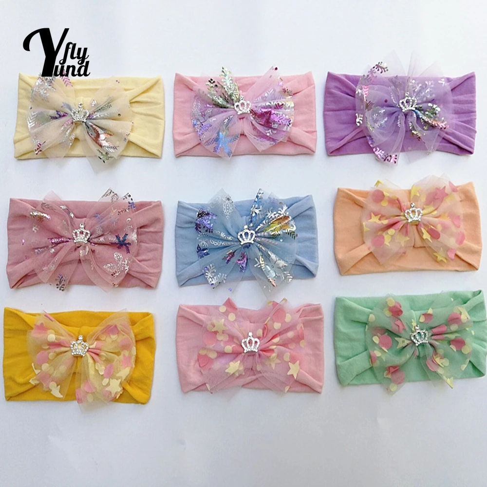 

Yundfly Shining Crown Print Bowknot Headband Infant Cute Handmade Bows Nylon Hairband Baby Headwear Christmas Gifts Photo Props