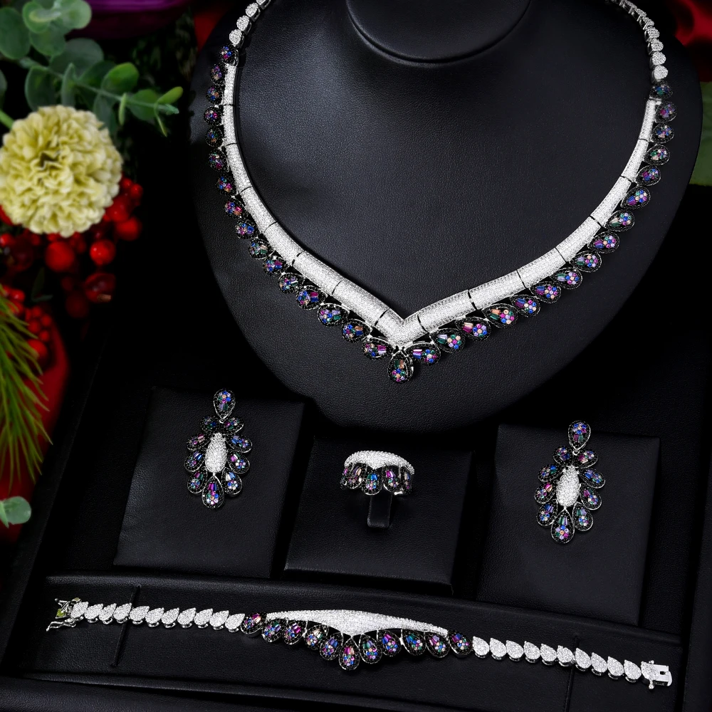 

Luxury African Necklace Earring Bracelet Ring 4PCS Multicolor Cubic Zirconia Dubai Indian Parure Bijoux Femme Noble Gift