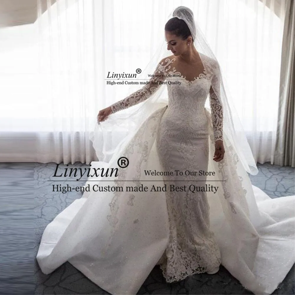 

Luxury Mermaid Wedding Dresses Sheer Neck Long Sleeves Illusion Full Lace Applique Bow Overskirts Button Back vestido de novia