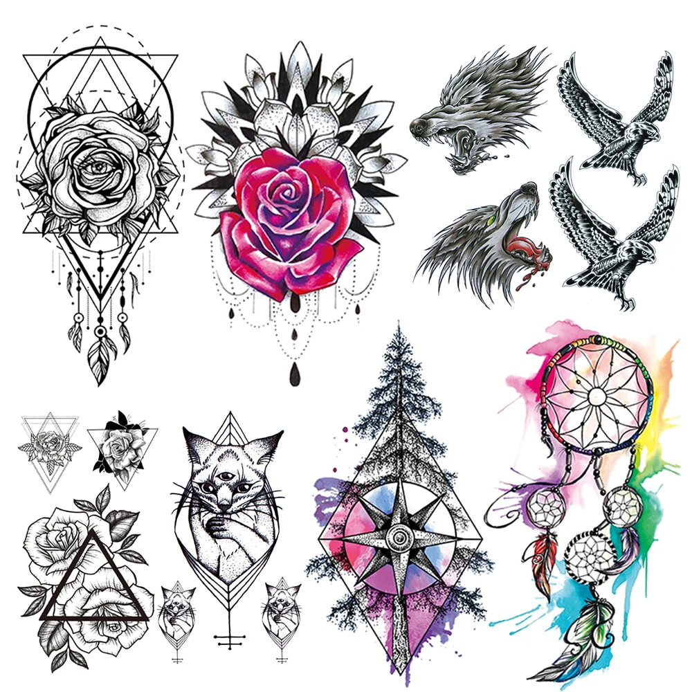 

Geometric Henna Flower Temporary Tattoo For Women Men Eagle Cat Tattoos Sticker Colorful Pine Armband Dreamcatcher Compass Tatoo