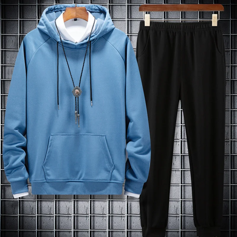 

Gray and yellow autumn men's casual sports suit hooded windproof pullover youth thin solid color loose coat trousers suit