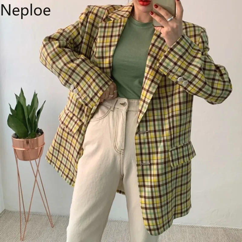 Женский блейзер в клетку Neploe однобортный свободный пиджак с длинными рукавами и