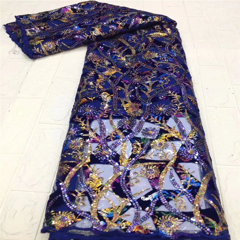 

Sequins French Tulle Lace Fabric 2020 royal blue High Quality African Velvet Lace Fabric Latest Lace Material For Evening Party