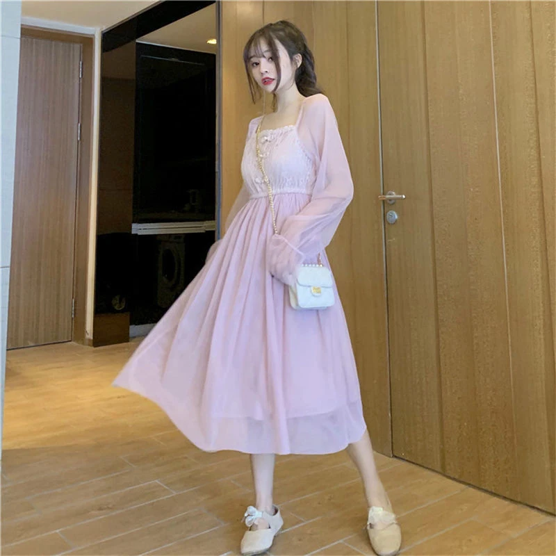 

Casual Square Collar Flared Sleeves Mesh Midi Dress Korean Style Sweet High Waist Dresses For Women 2021 French Slim Women Dress