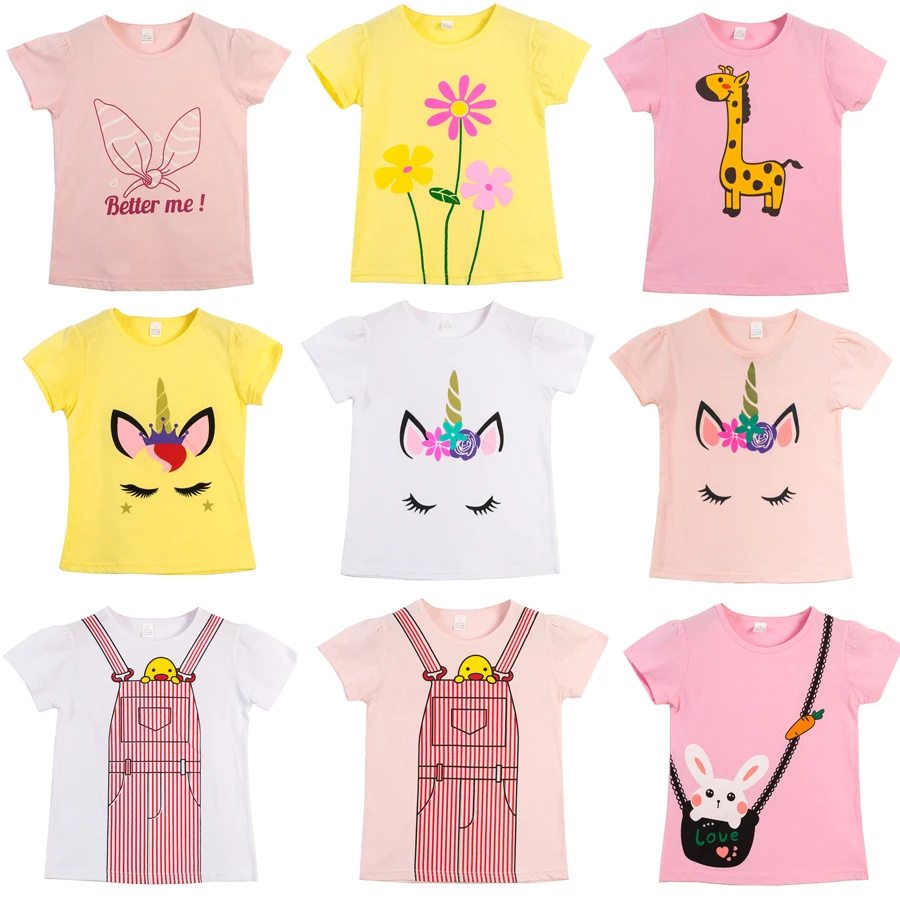 

Summer 1-8 Years Girls Unicorn Catoon T-shirt Tops Kids Short Sleeve Cotton Print Shirts 2021 New Children Clothing