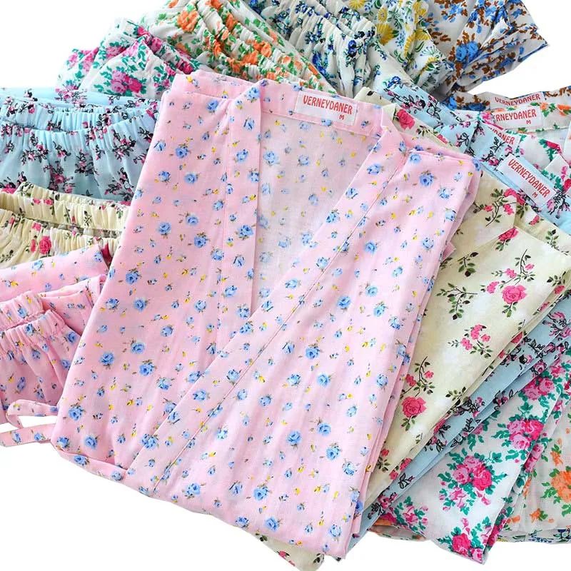 

Ladies Japanese Kinomo Style Pajamas Set Little Floral Printed Sleepwear Women Short Sleeve Loose Homewear Comfort Casual Wear