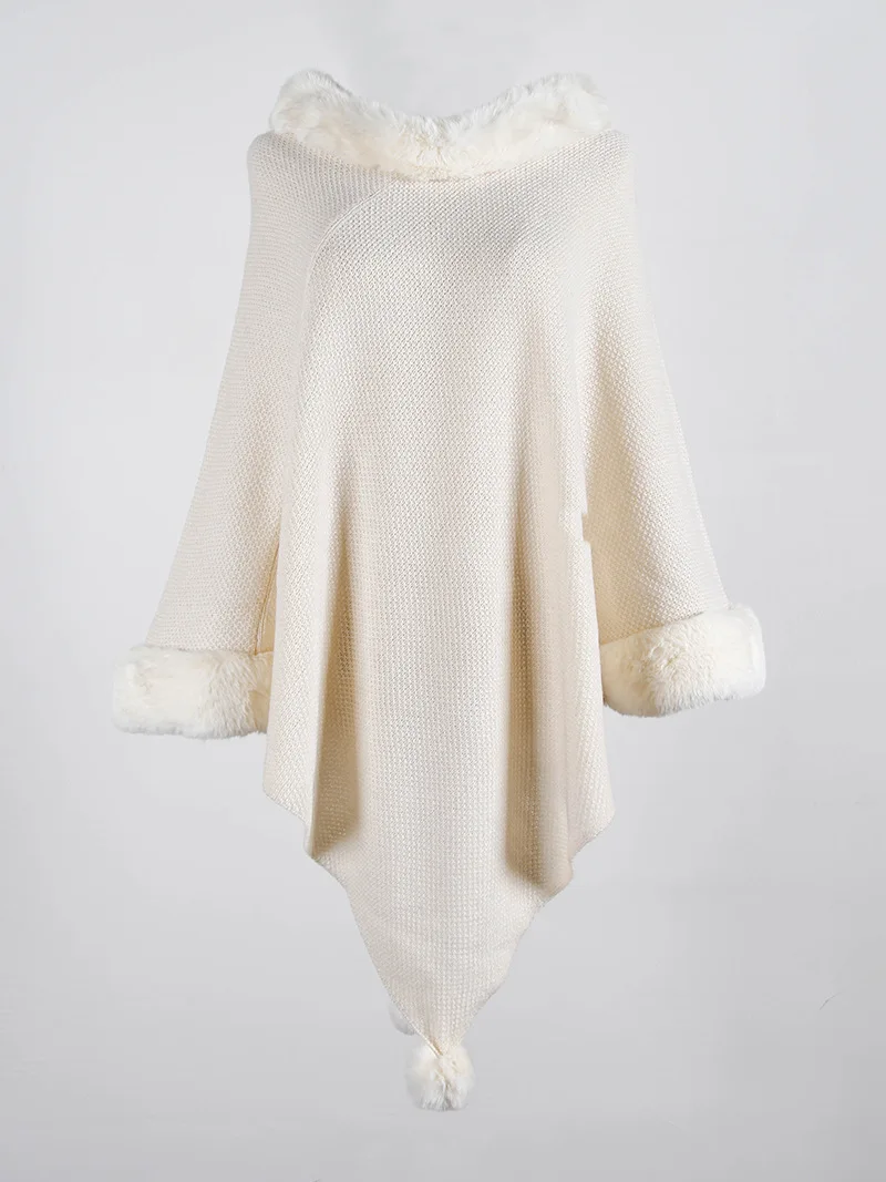 

QUEVOON Fashion Ladies Poncho Artificial Fur Collar Women's Cape Long Knittes Jumpers 2019 Fall Shaggy Kawaii Sweater Streetwear