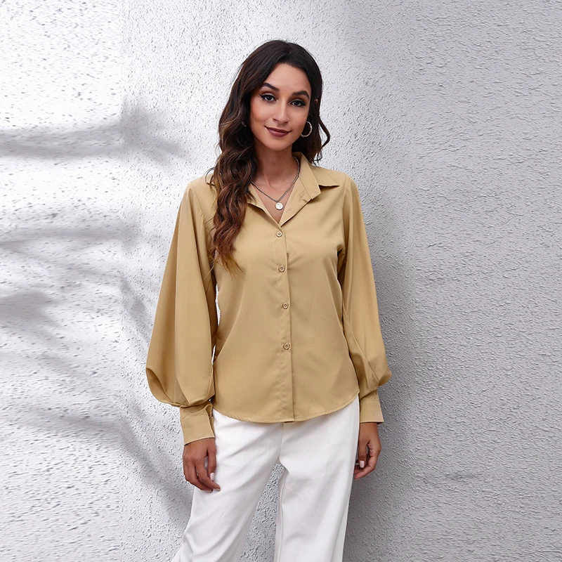 

Женские осенние элегантные топы, повседневная однотонная Свободная блузка с длинным рукавом-фонариком, офисные женские шифоновые рубашки с пуговицами и лацканами