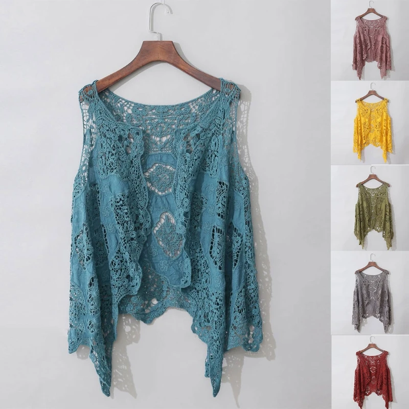 

Women Summer Sleeveless Open Front Cardigan Boho Hollow Out Crochet Lace Solid Color Vest Drape Asymmetrical Hem Hippie Shawl C