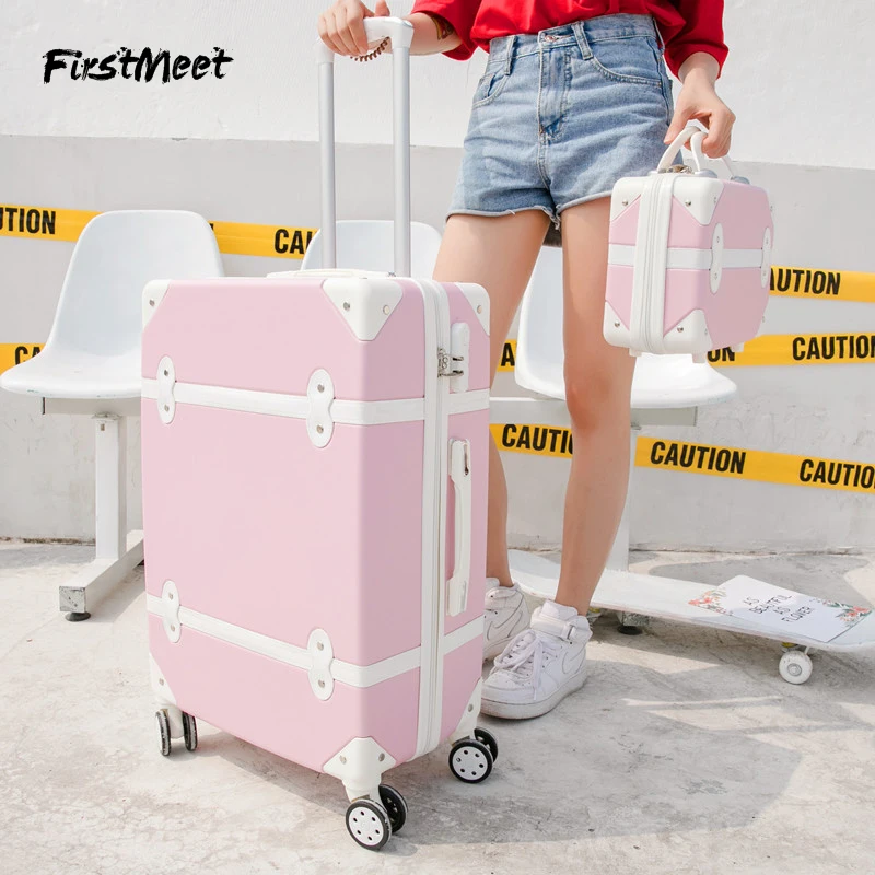 Popular  pink rolling luggage spinner carry on travel suitcase bag ABS boarding password box trolley suitcase retro baggage