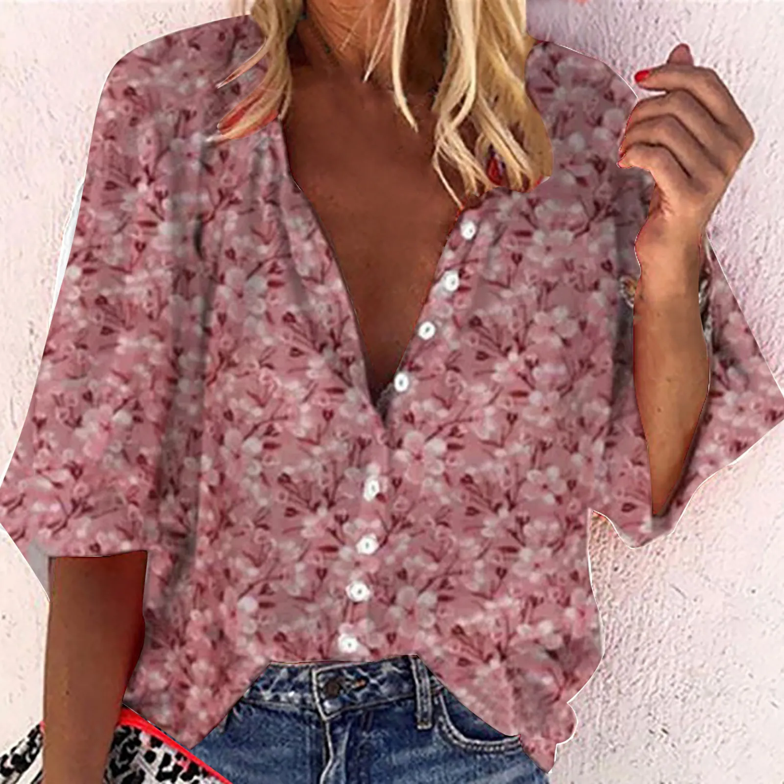 

Women 3d Floral Printed Blouse V-neck Printed Loose Button Blouse Tops Ladies Elegant Loose Blouse 2021 New Блузка Женская R5