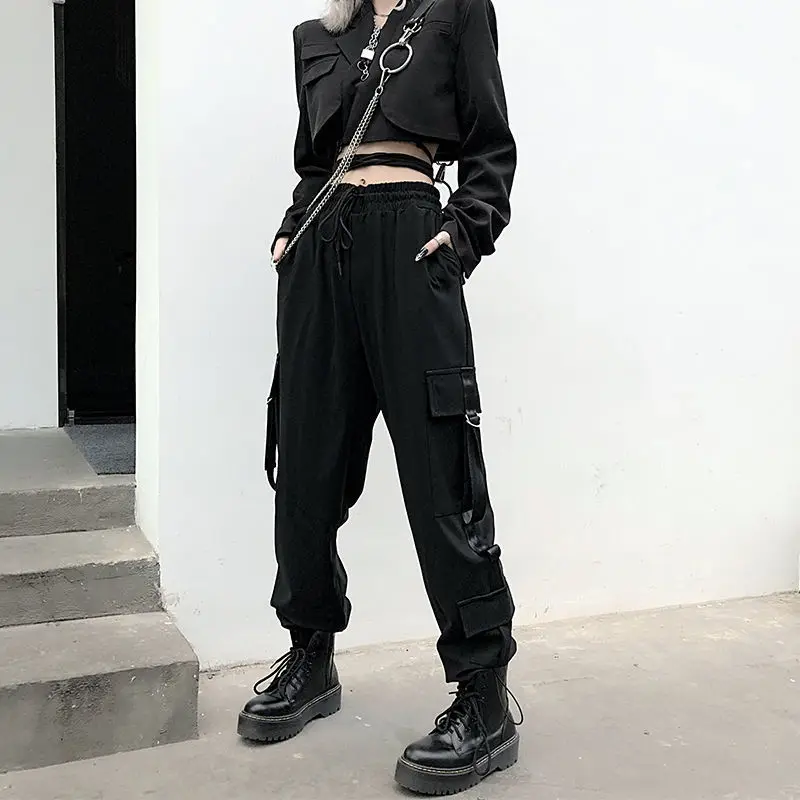 

Для женщин готика, Харадзюку брюки-карго для женщин; Большие размеры Весна Японская уличная одежда брюки с широкими штанинами Gothique, с высоко...