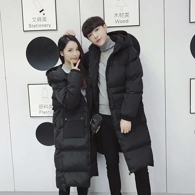 Couples Korean Slim men and women models over knee thickening long down jacket coat cotton men's cotton jacket winter Parkas - Цвет: Черный