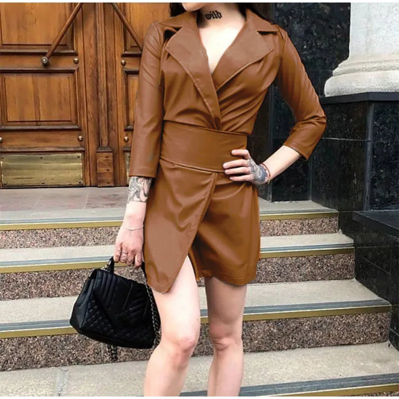 

Autumn Winter Women Dress 2021 Faux PU Leather Bandage Belt Ladies Dress Suit Collar Female Solid Color Sexy Party Club Vestido