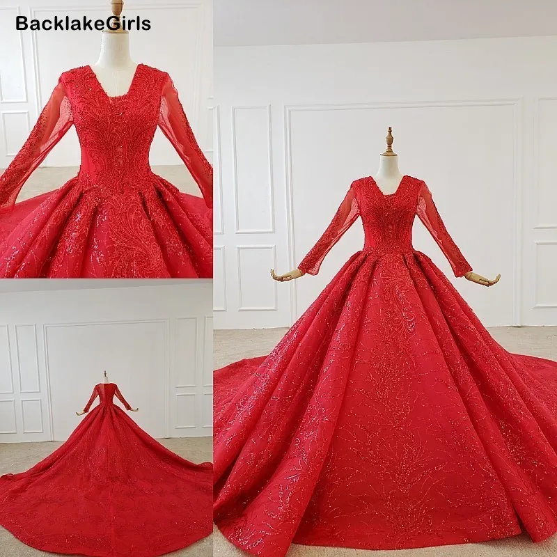 Роскошные красные свадебные платья принцессы с длинным рукавом из тюля