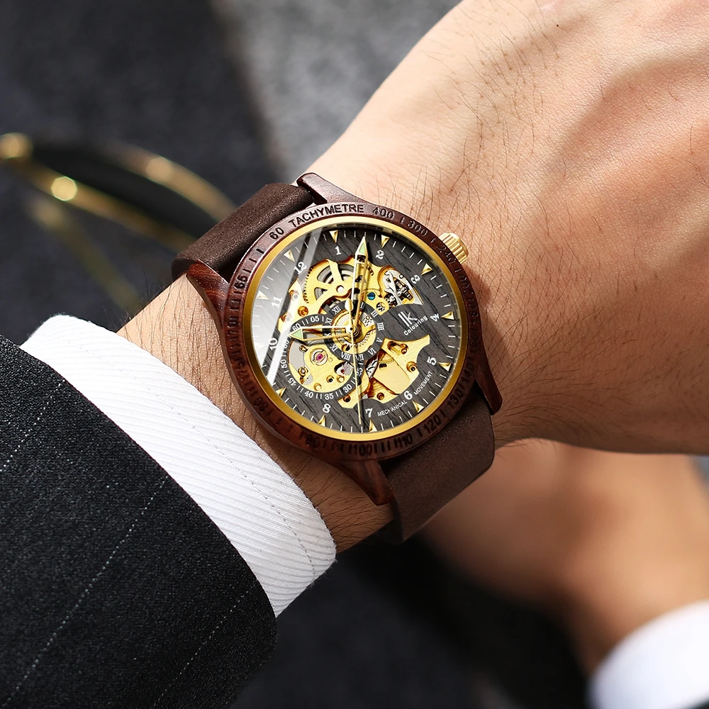 

Luxury IK Coloring Wristwatches Men's Skeleton Wooden Auto Mechanical Leather Strap Watch Gift Box