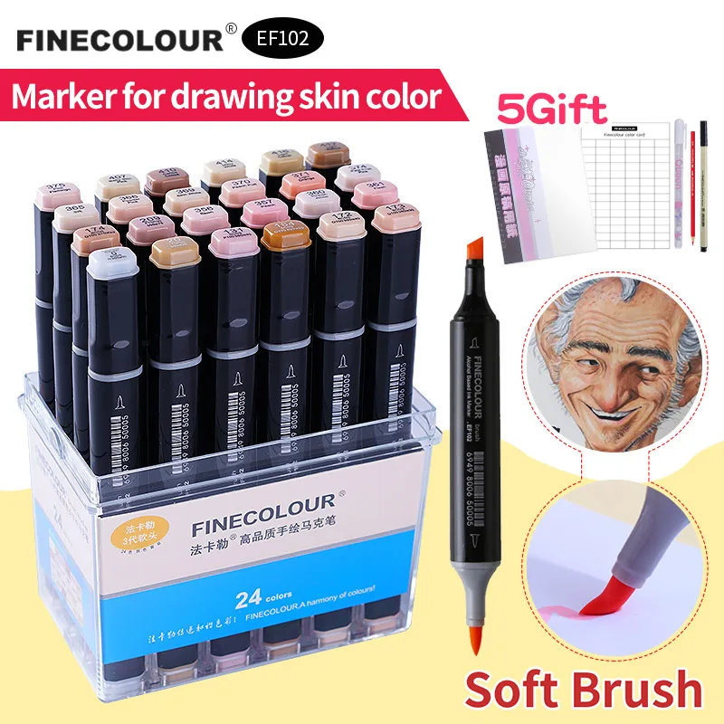 Finecolour кожи волос Цвета арт мягкая маркер кисть набросок ручка для рисования манги двойной набор наконечников портрет 12/24/36 постоянного на спиртовой основе маркер