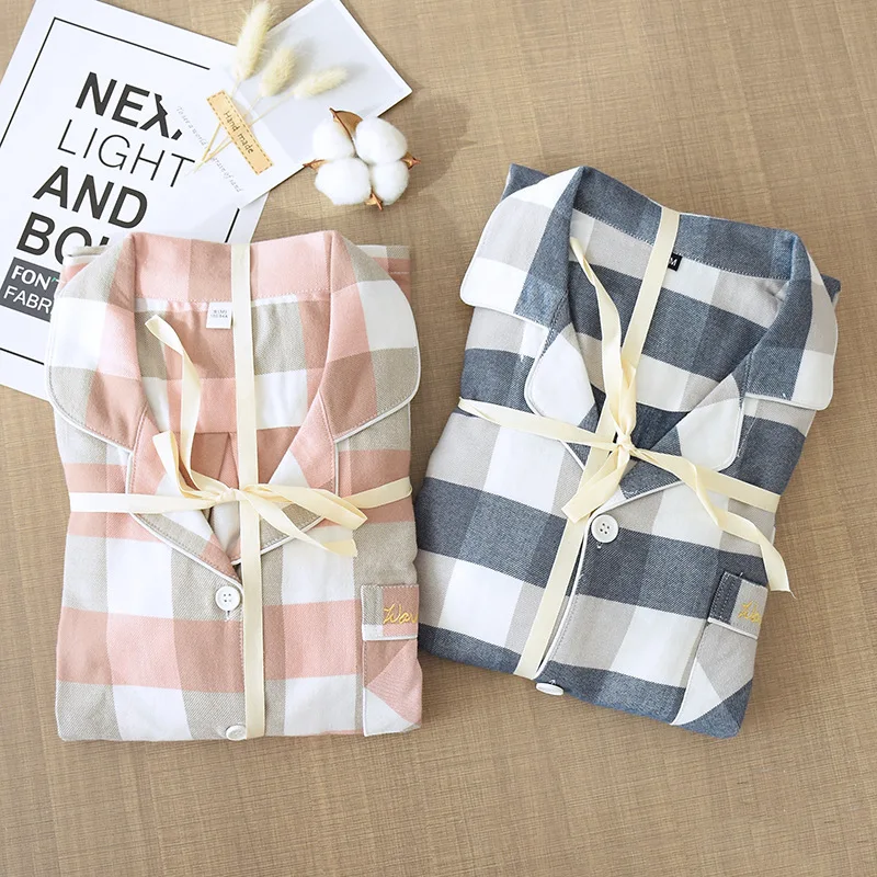 Lovers Pure Cotton Long-sleeved Pajamas Double-sided Brushed Women Winters Clothing Suit Loungewear Sleepwear Plaid Home Clothes | Женская
