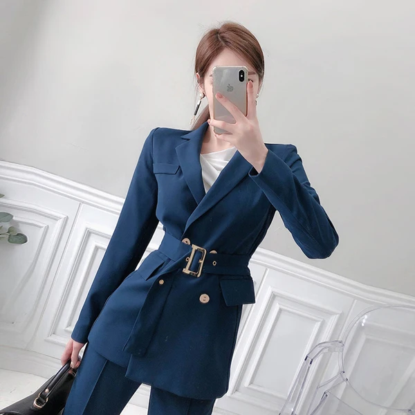 

Temperament Fashion Elegant Office Work Business Pants Suits For Women Double breasted Blazer Jacket+OL Pants 2 piece Set Female