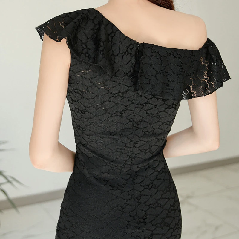 

new arrival fashion sleeveless lace party dress women elegant summer vintage temperament simple black mini asymmetrical dress