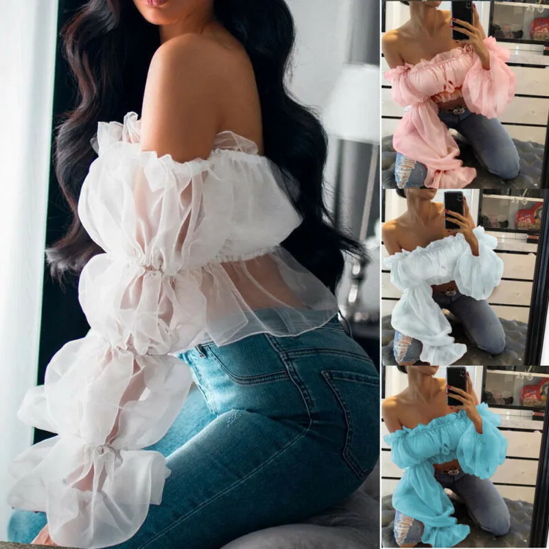 

Womens Summer New Ruched Long Puff Sleeve Off Shoulder Crop Blouses Loose Casual Stretch Blouse Lady Sexy Hot Sale Corpped Shirt