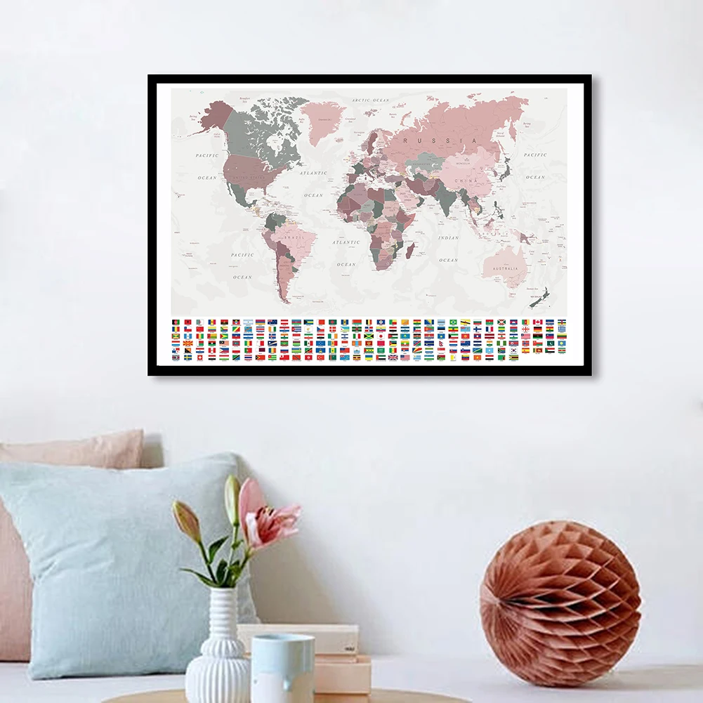 

84*59cm The World Political Map with National Flags Retro Wall Poster Spray Canvas Painting Classroom Home Decor School Supplies