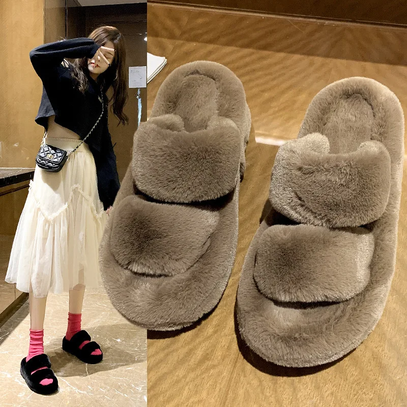 

New Winter Women Memory Foam Cozy Home Slippers Faux Fur Flat Warm Plus Female Comfort Hairy Soft Non-Slip Thick Bottom Open Toe