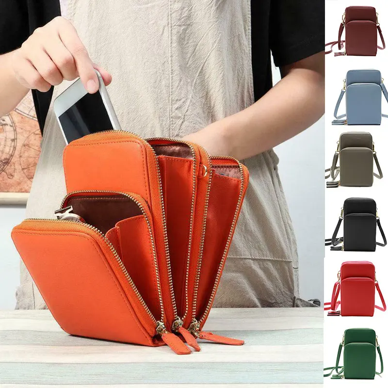 

Cell Phone Shoulder Bag PU Leather Handbags 3 Zipper Pockets With Detachable Strap 18*7*12CM-B5