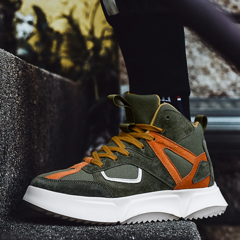 Кроссовки мужские зимние высокие зеленые свиная кожа модная повседневная обувь|