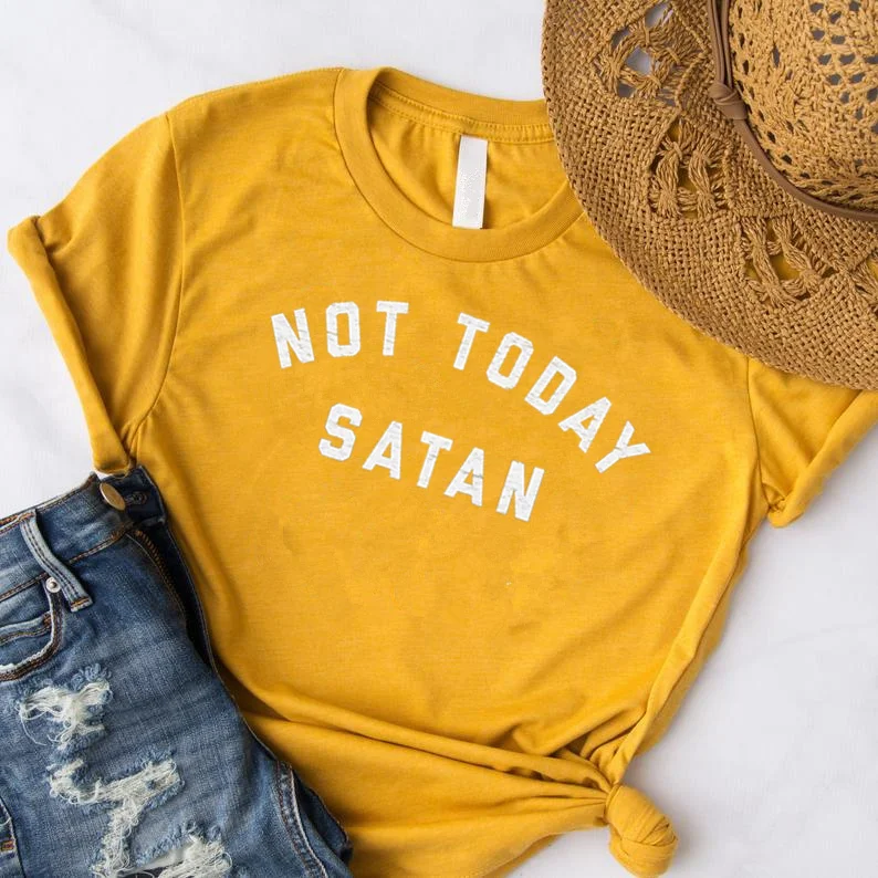 

Not Today Satan рубашка Christian 100% хлопок Harajuku уличная футболка со смешным буквенным принтом Графический с круглым вырезом Футболка женская Прямая д...