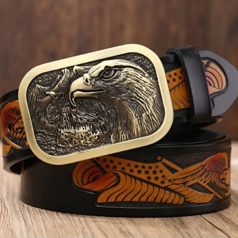 Hot style men's leather embossed belt retro hawk belt trend youth fashion plate buckle belt luxury