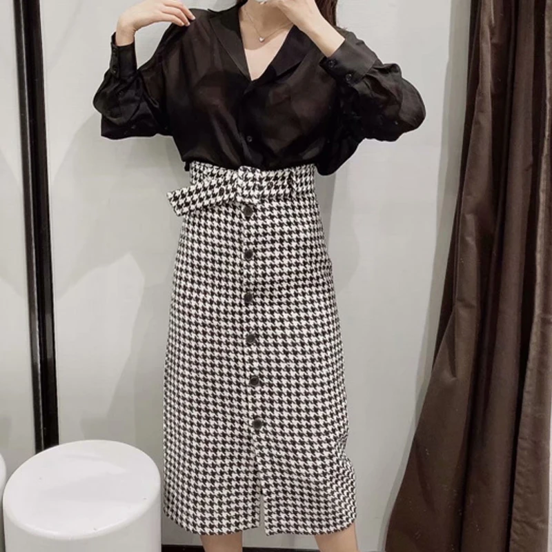 Женская твидовая юбка миди с поясом винтажная клетчатая офисная высокой талией